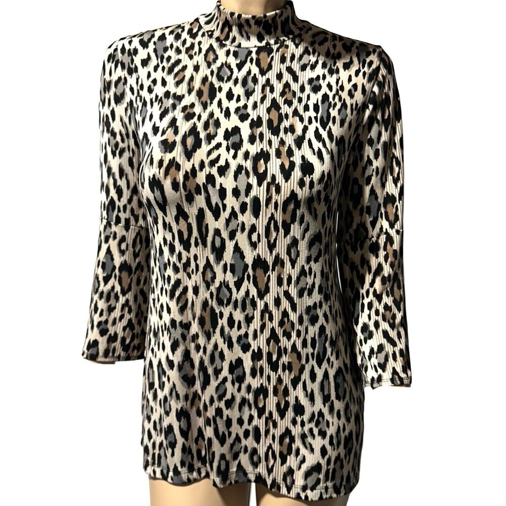 Chicos Top Size 0 Women’s 4 6 Leopard Animal Print Stretch Mock Neck Zip Back